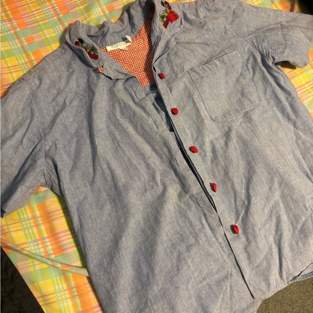 Vintage Blue Button-Up Strawberry Shirt with Red Accents